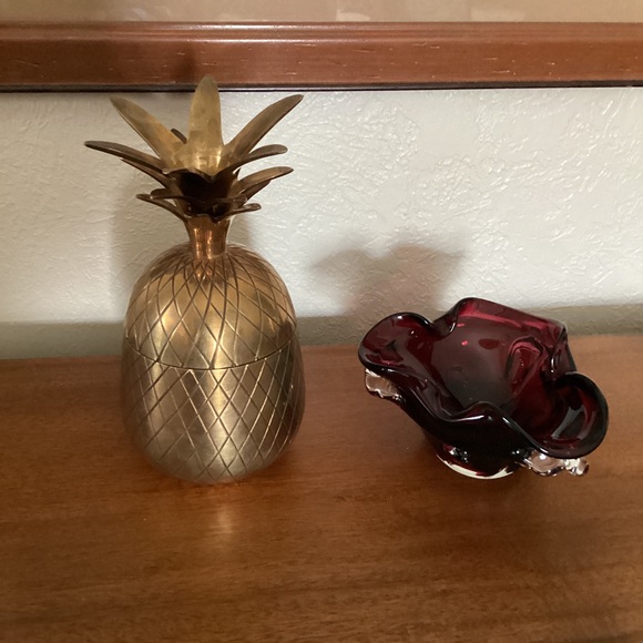 Murano Style Hand Blown Art Glass Ruffled Edge Bowl Burgundy Vintage EUC - Picture 2 of 10